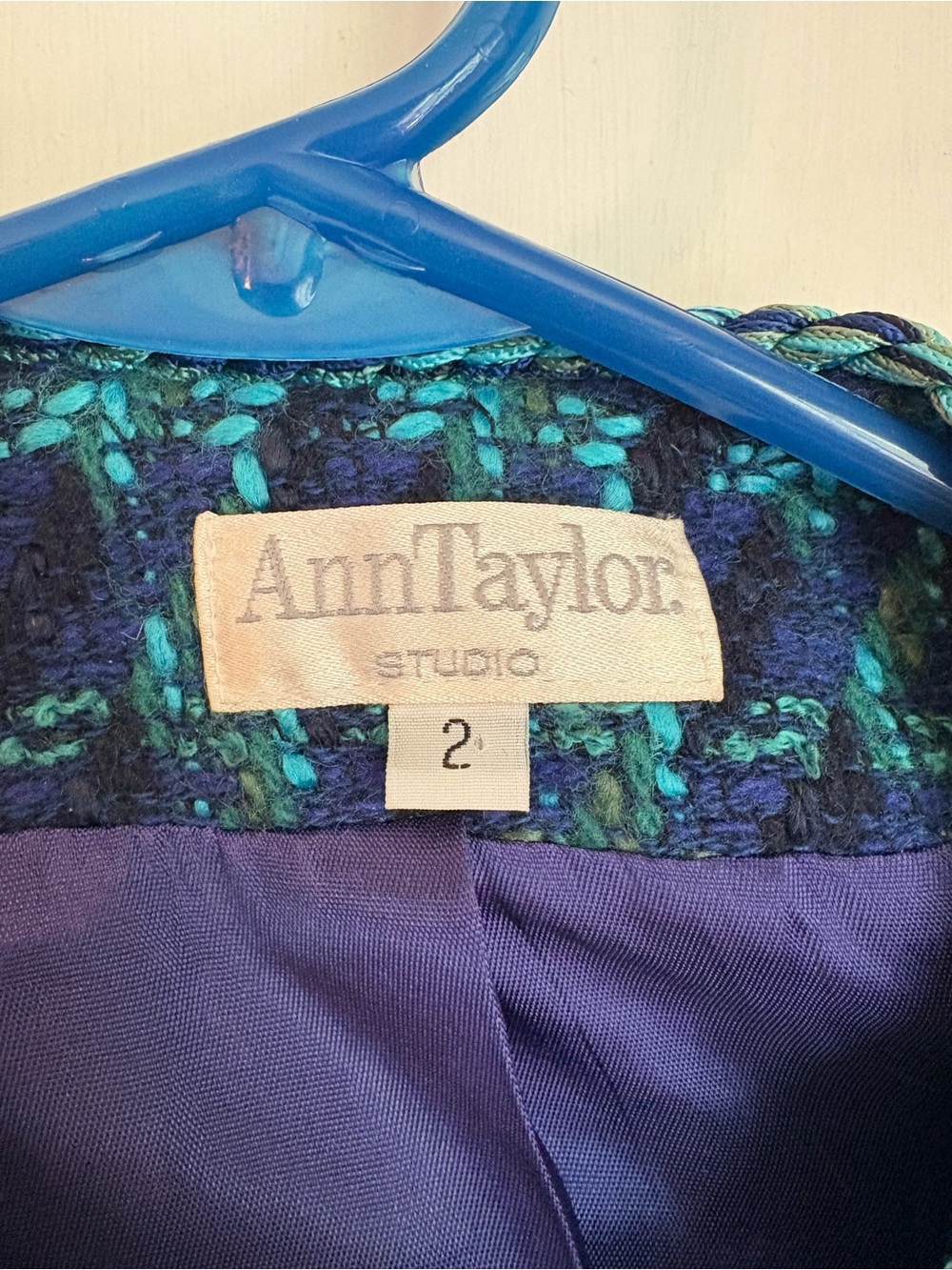 Vintage Ann Taylor Teal and Navy Tweed Button Jacket - Picture 2 of 6